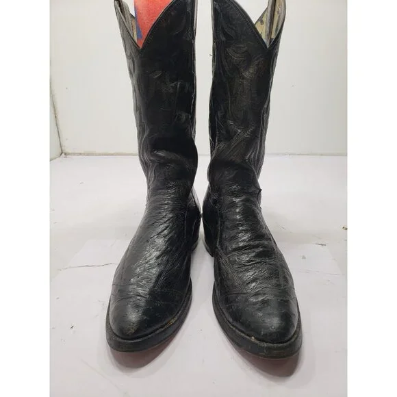 Justin Men’s J6657 Size 10D Black Almond Toe Ostrich Leg Pull Up Cowboy Boots Justin Men main image 2